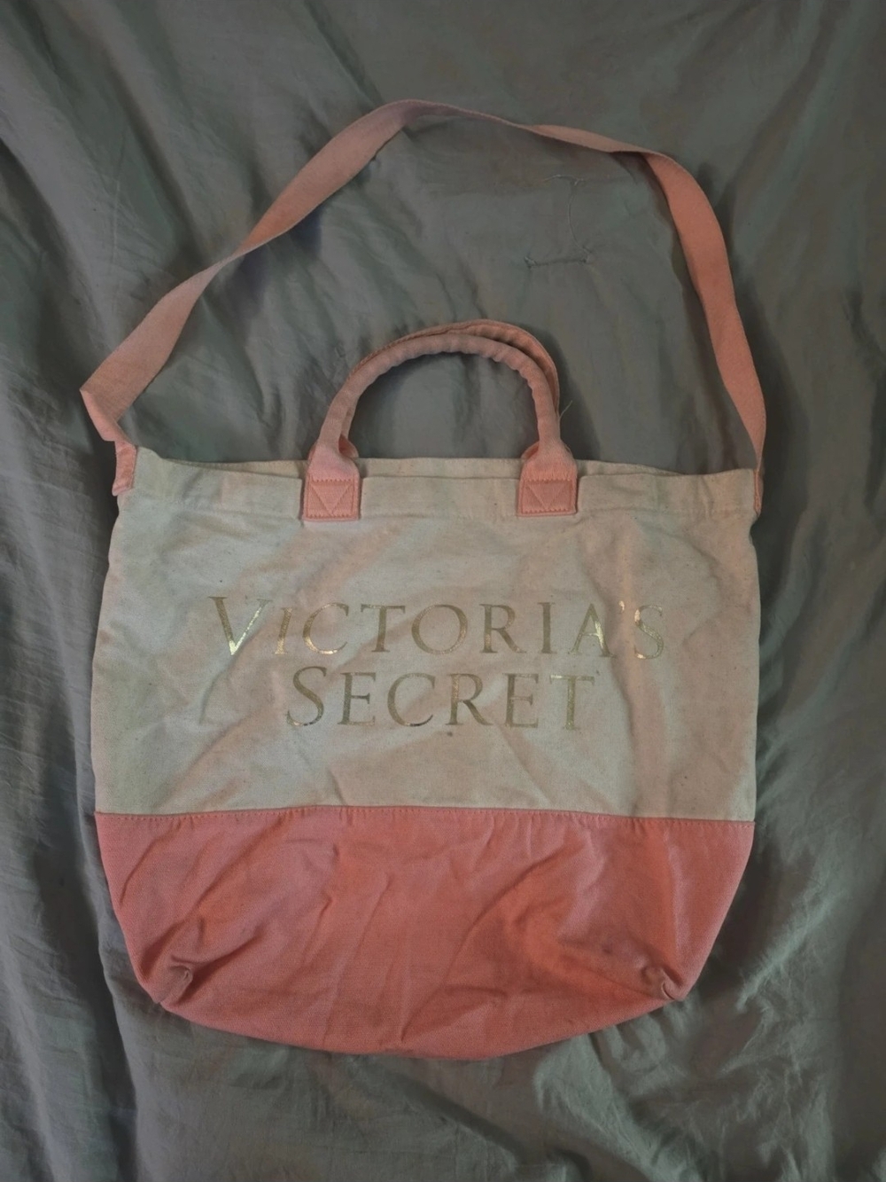 Victoria's Secret Pink and Cream Canvas Tote with Gold Logo